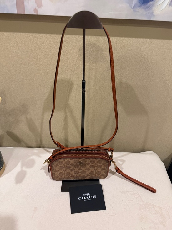 Coach Handbags - Coach Brown Signature Coated Canvas Crossbody with Tan Leather Trim